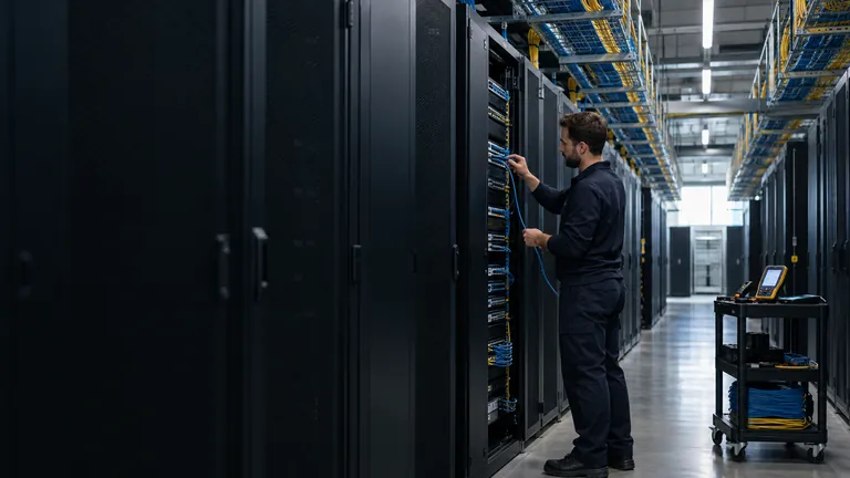 Engineer patching a network rack beneath organised data-cable trays