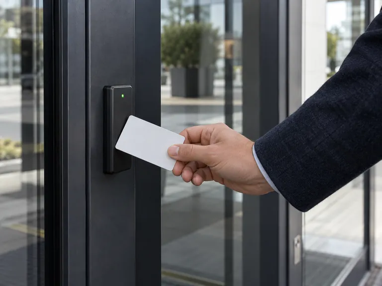 A blank access card presented to a reader beside a glazed door