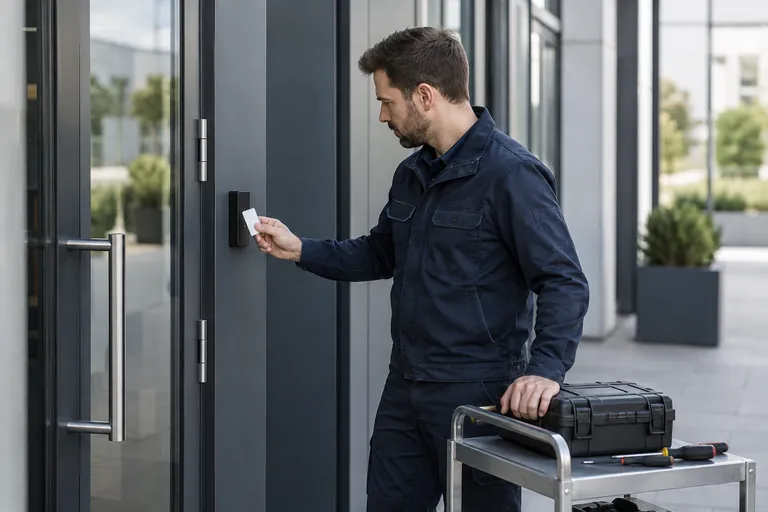 Engineer testing a commercial entrance reader with an access card