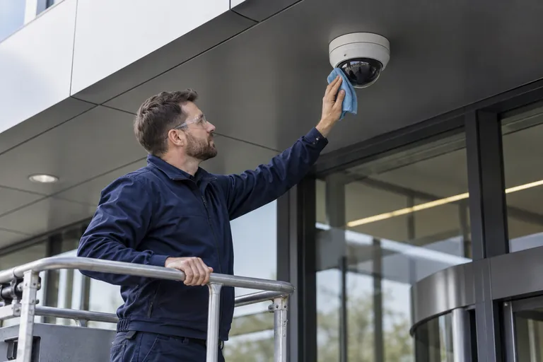 Engineer cleaning a mounted CCTV dome from an access platform