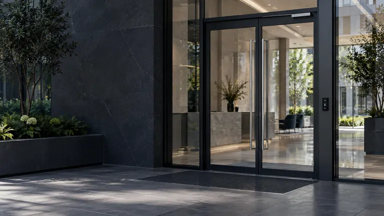 Glazed commercial entrance with a wall-mounted access reader