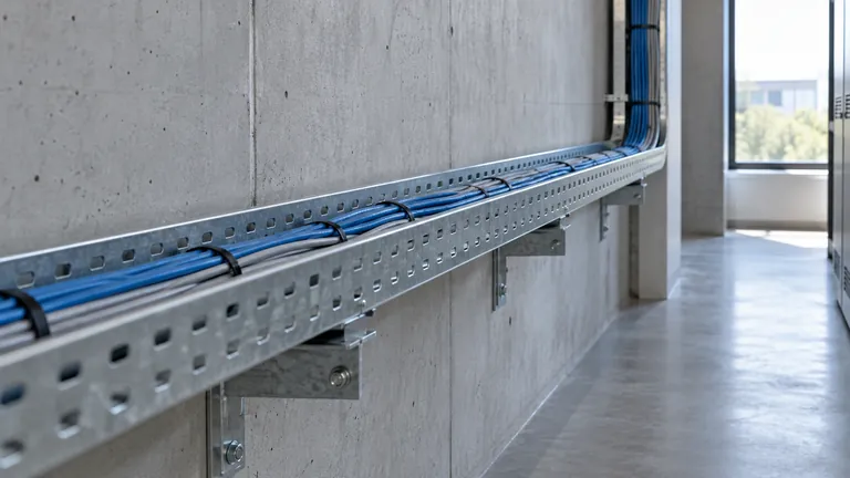 Data cables routed inside a supported metal tray along a service corridor