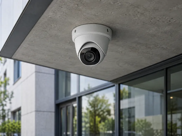 Turret CCTV camera mounted beneath a concrete entrance canopy