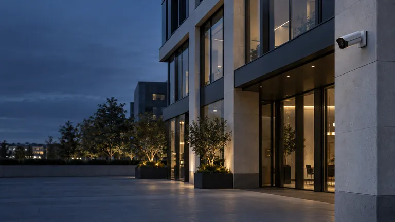 Modern commercial entrance with a discreet wall-mounted CCTV camera