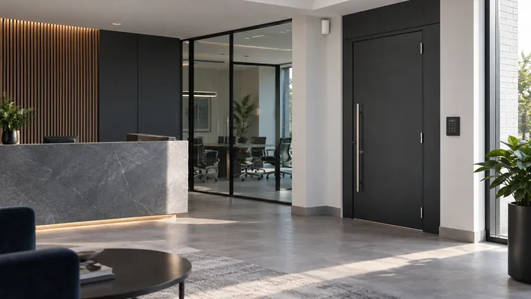 Office reception with an alarm keypad and wall-mounted detector