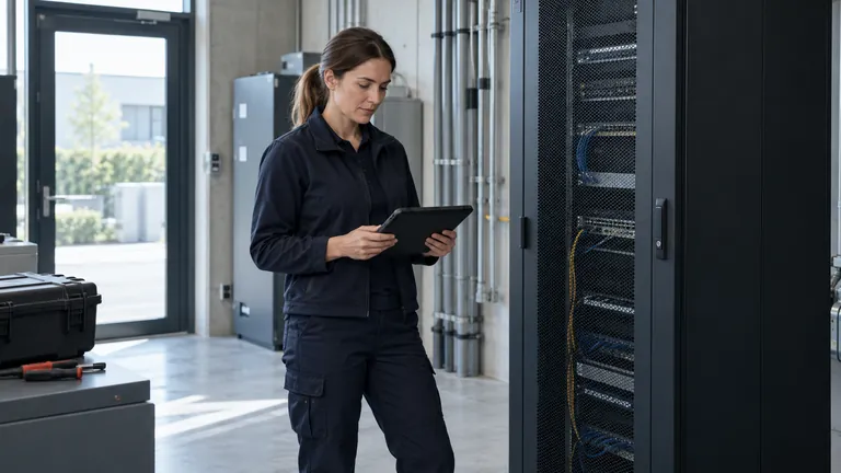 Engineer consulting a tablet beside a commercial network cabinet