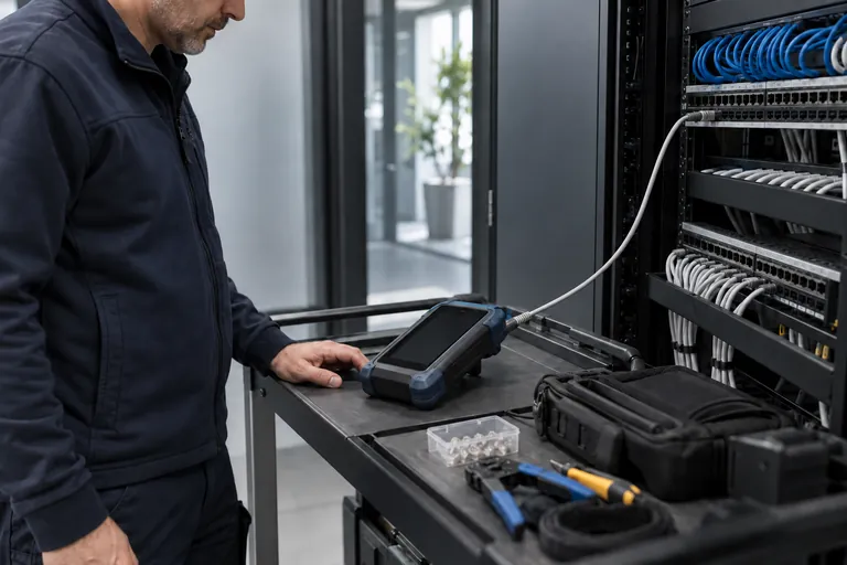 Cable tester connected to a network patch panel during maintenance
