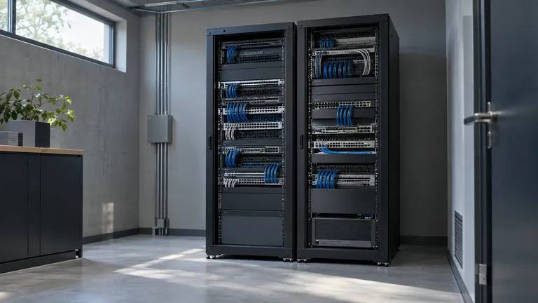 Two network cabinets in a tidy commercial communications room