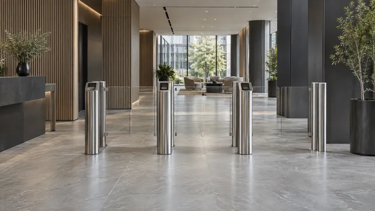 Glass speed gates across a modern commercial lobby