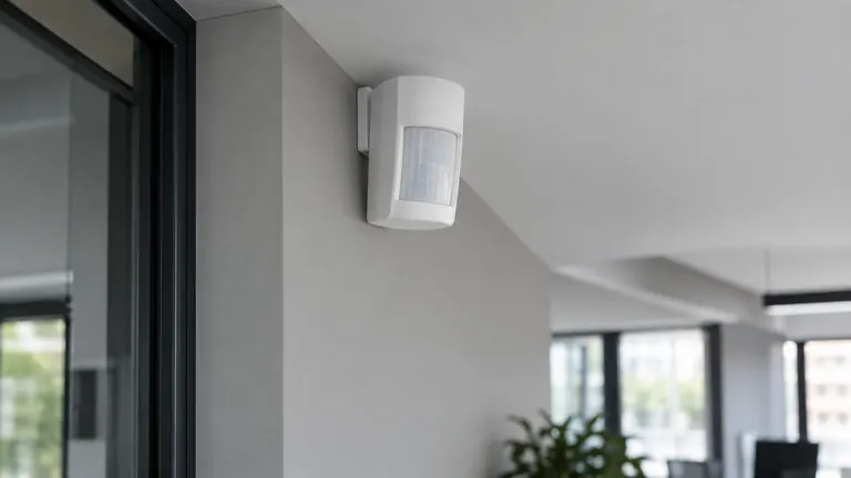 PIR motion detector mounted high on an office wall