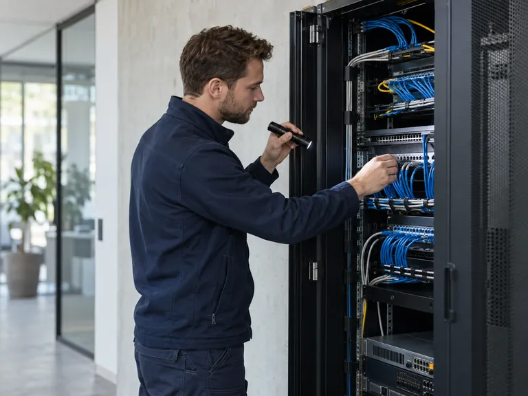 Engineer inspecting network connections with a handheld torch