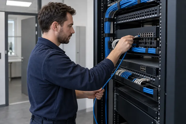 Engineer connecting an Ethernet patch lead in a network rack