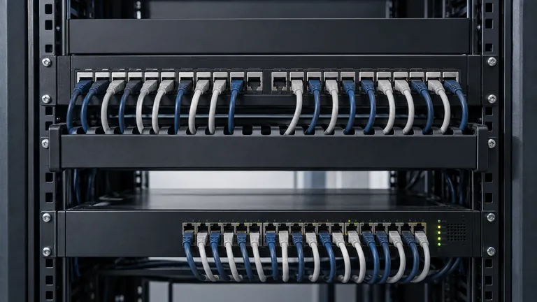 Organised patch leads connecting rack-mounted network equipment
