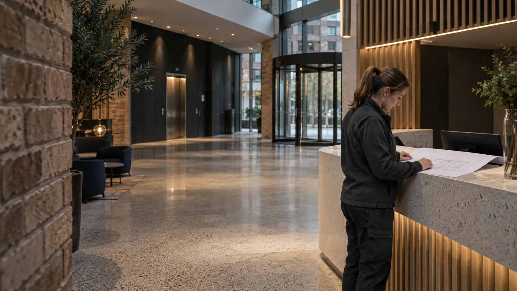 Engineer reviewing a plain floor plan at a facilities desk in a commercial lobby with terrazzo and oak fins