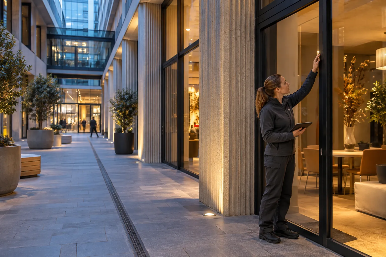 An engineer inspecting a discreet alarm door-contact from ground level in a commercial environment