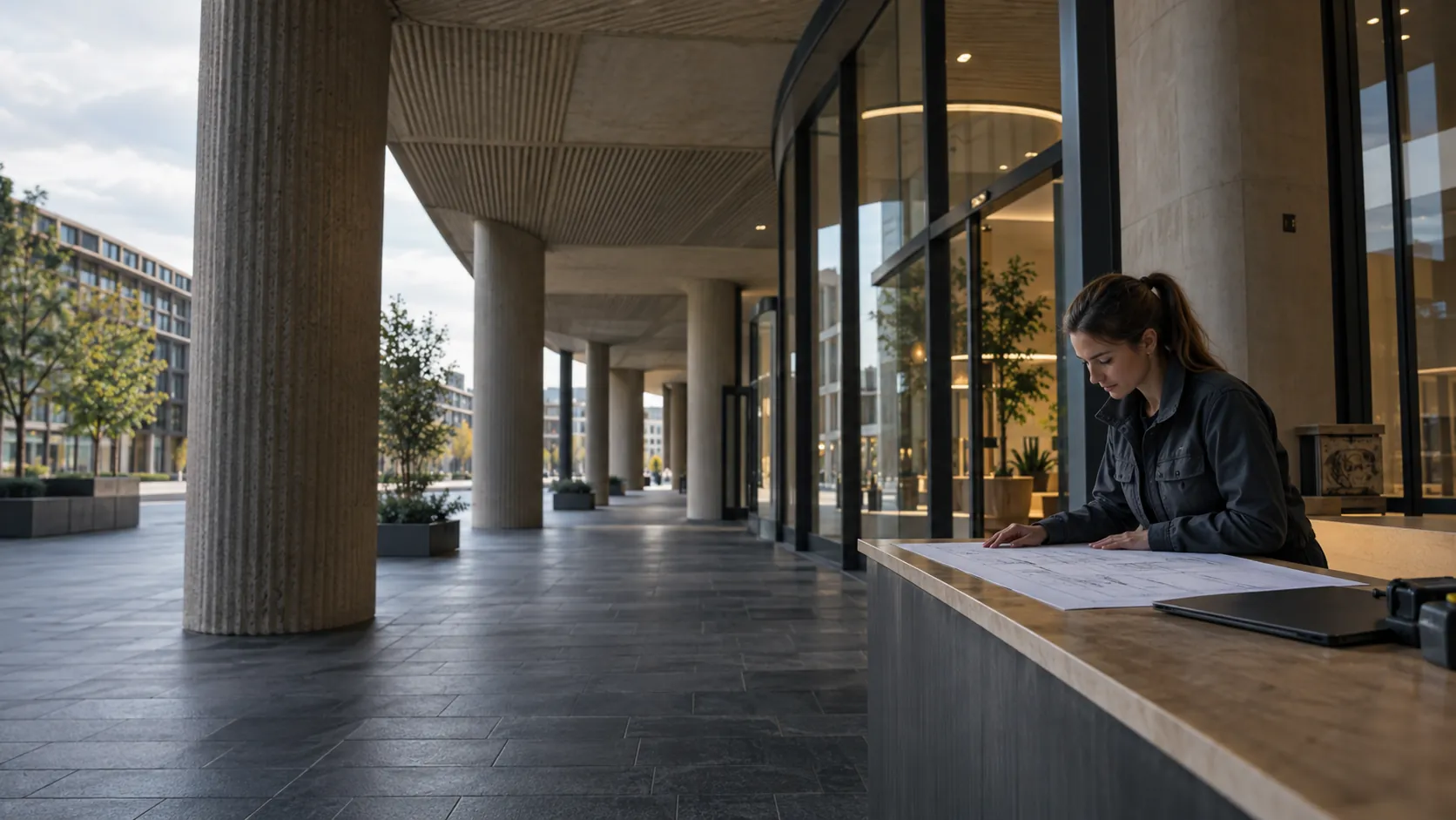 Engineer reviewing a plain floor plan at a facilities desk in a urban commercial arcade with ribbed concrete