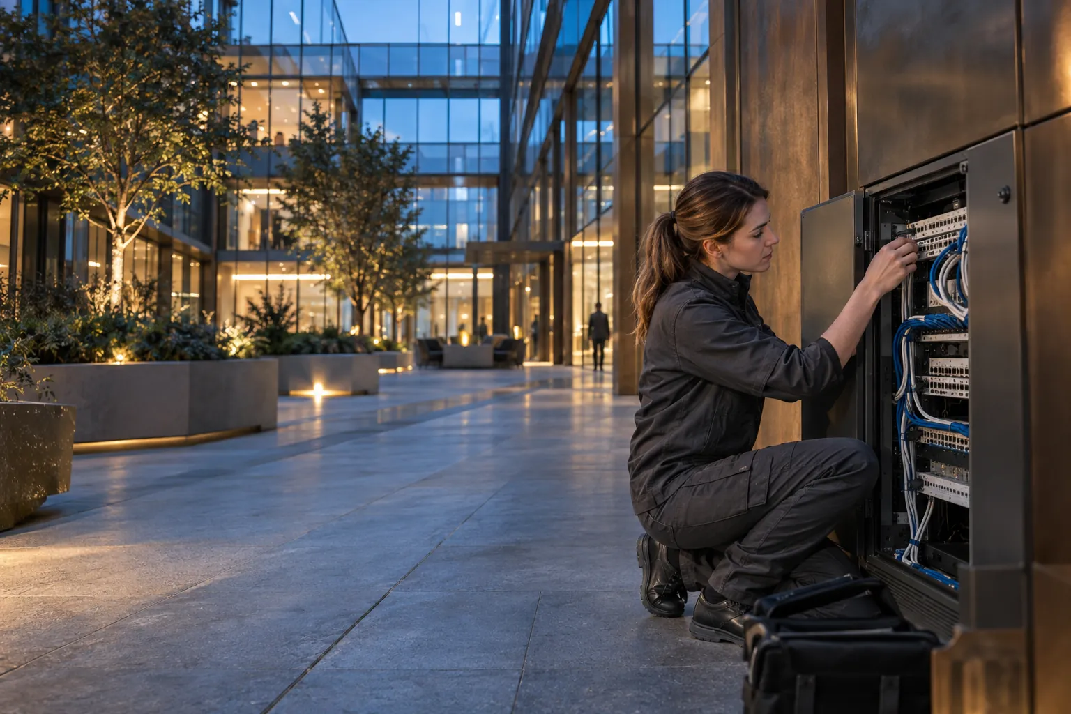 A technician carefully checking a low-voltage network patch connection, natural fingers in a commercial environment