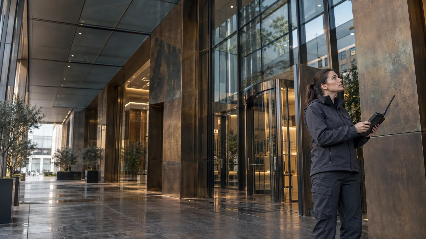 Engineer conducting a wireless survey with a handheld meter in a glass and weathered bronze commercial atrium