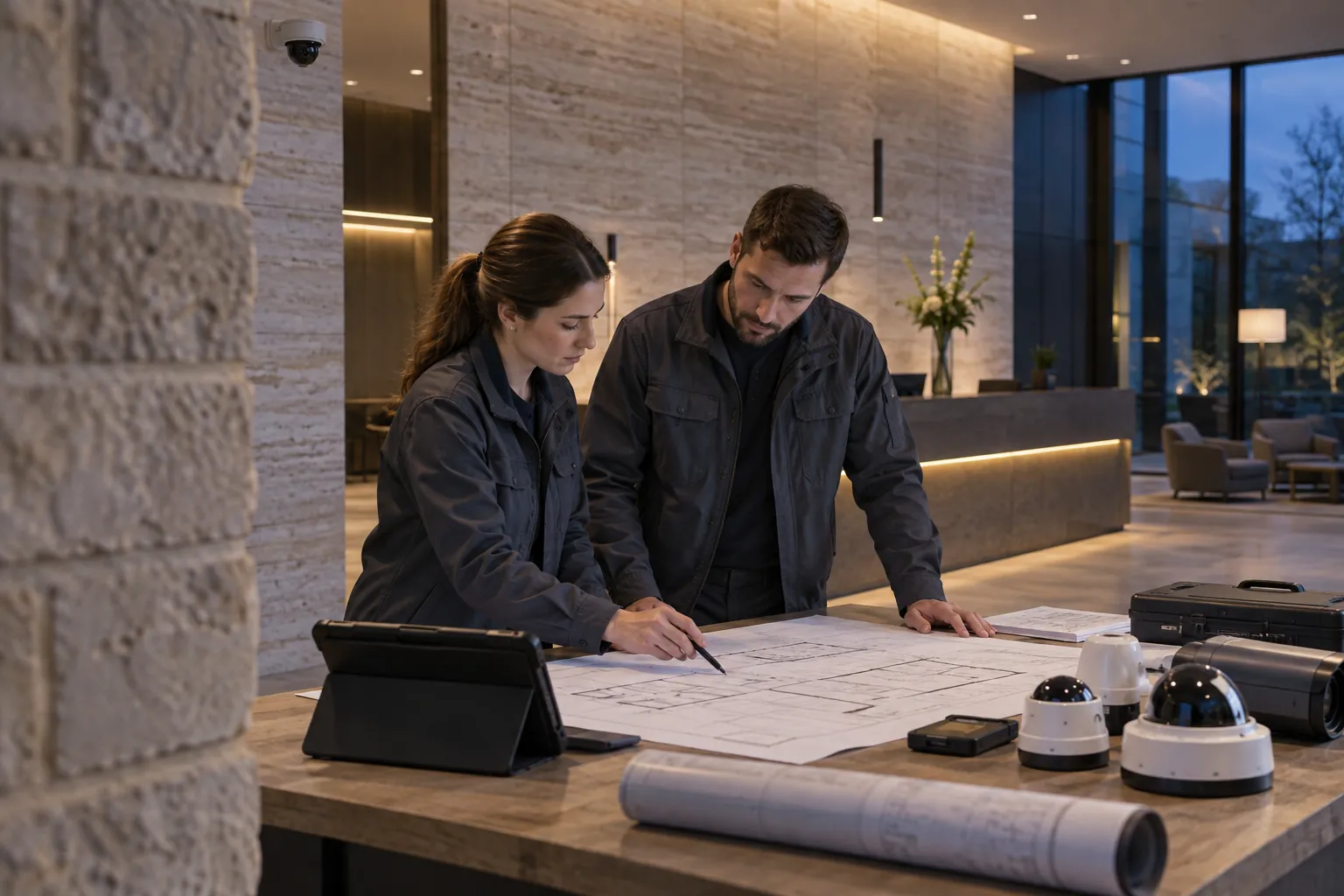 Two engineers reviewing an unlettered technical layout at a workbench in a commercial environment