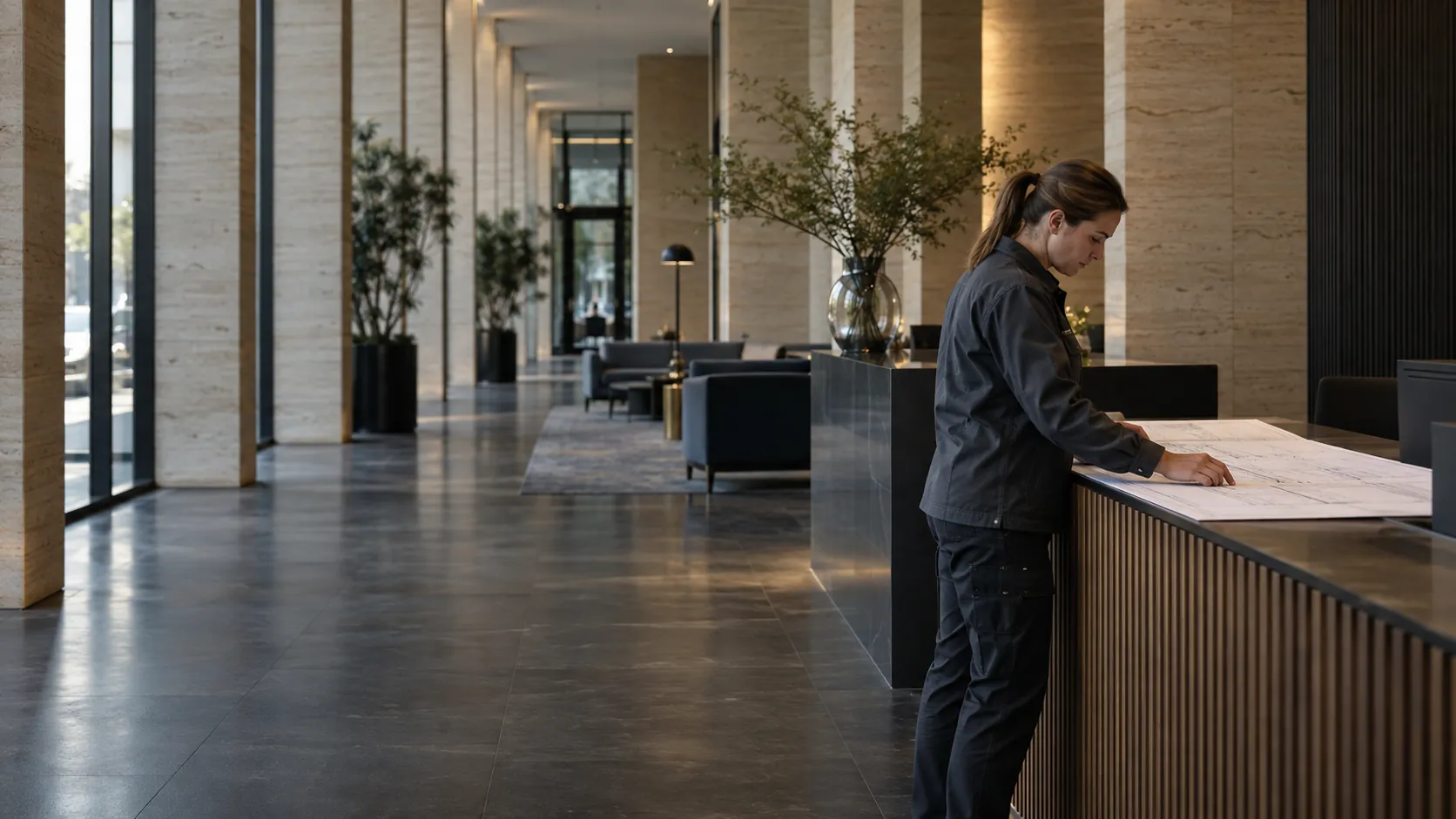 Engineer reviewing a plain floor plan at a facilities desk in a unbranded commercial reception with travertine walls