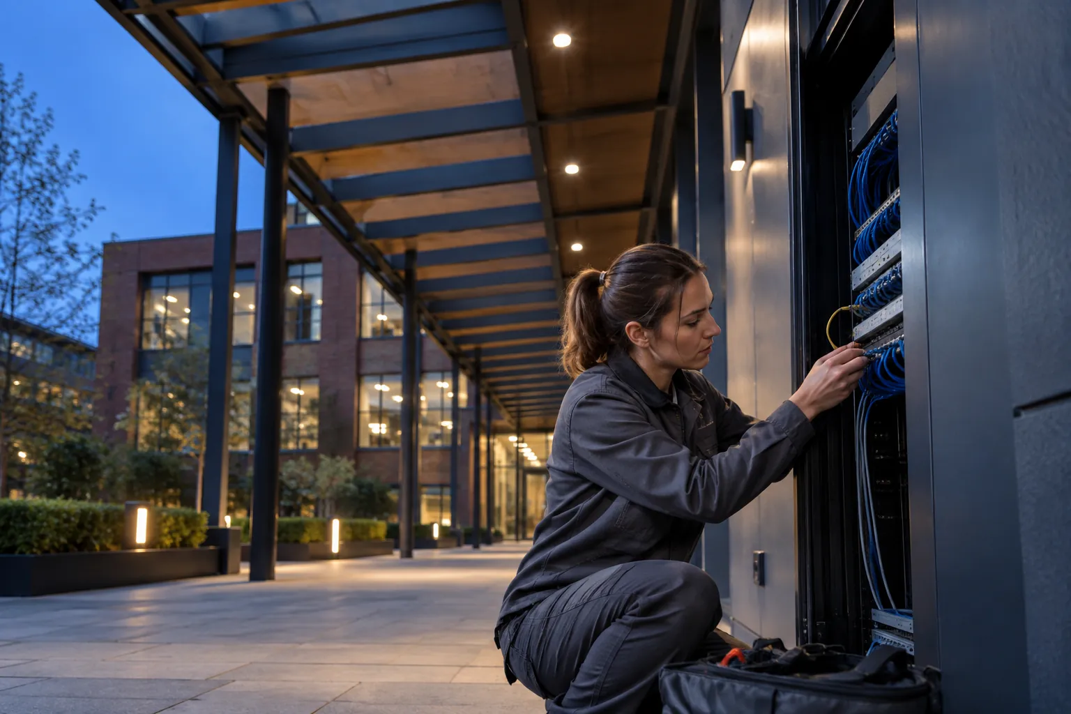 A technician carefully checking a low-voltage network patch connection, natural fingers in a commercial environment