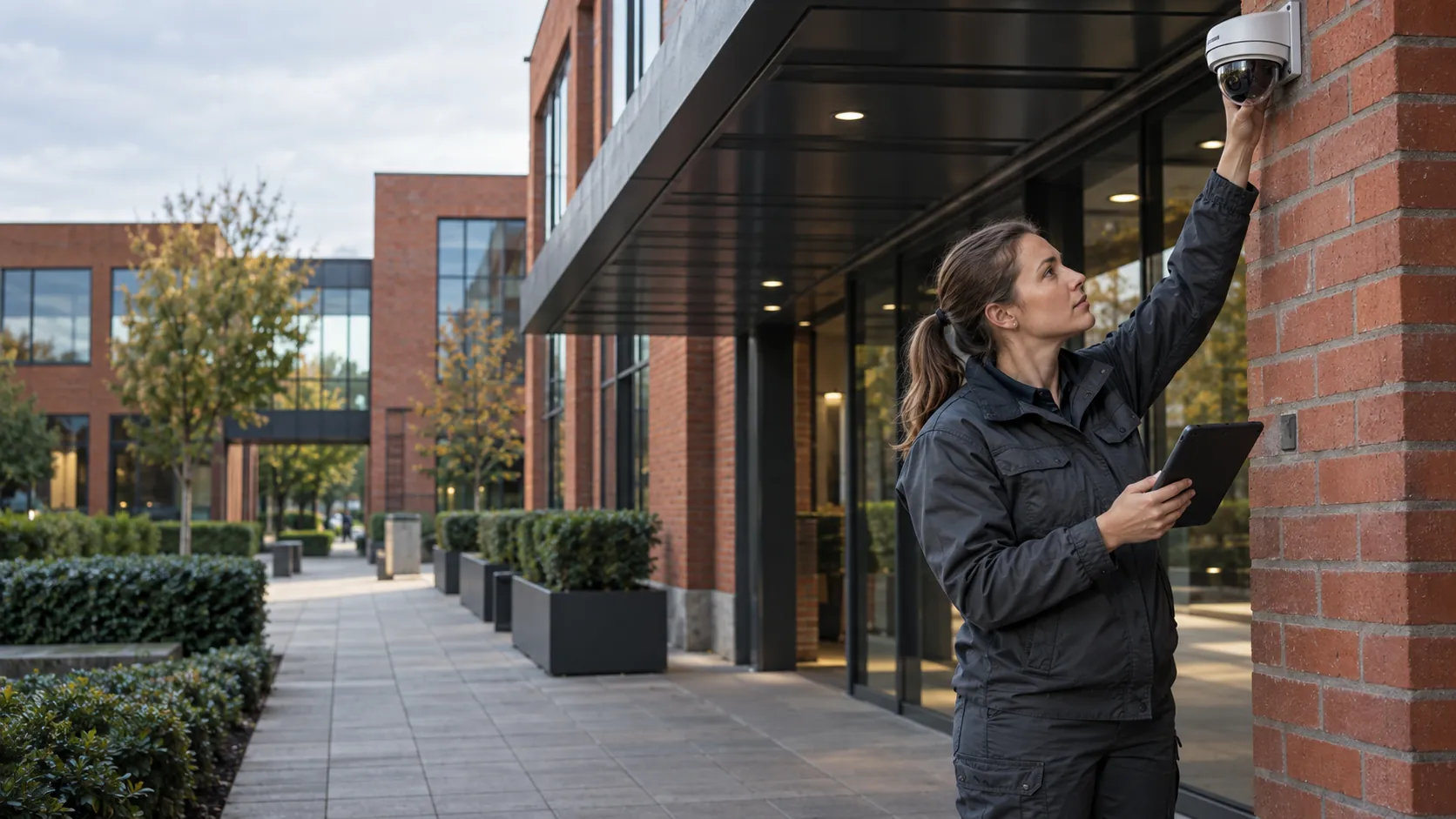 Security engineer checking a correctly mounted dome camera with a tablet in a red-brick business campus with steel canopy