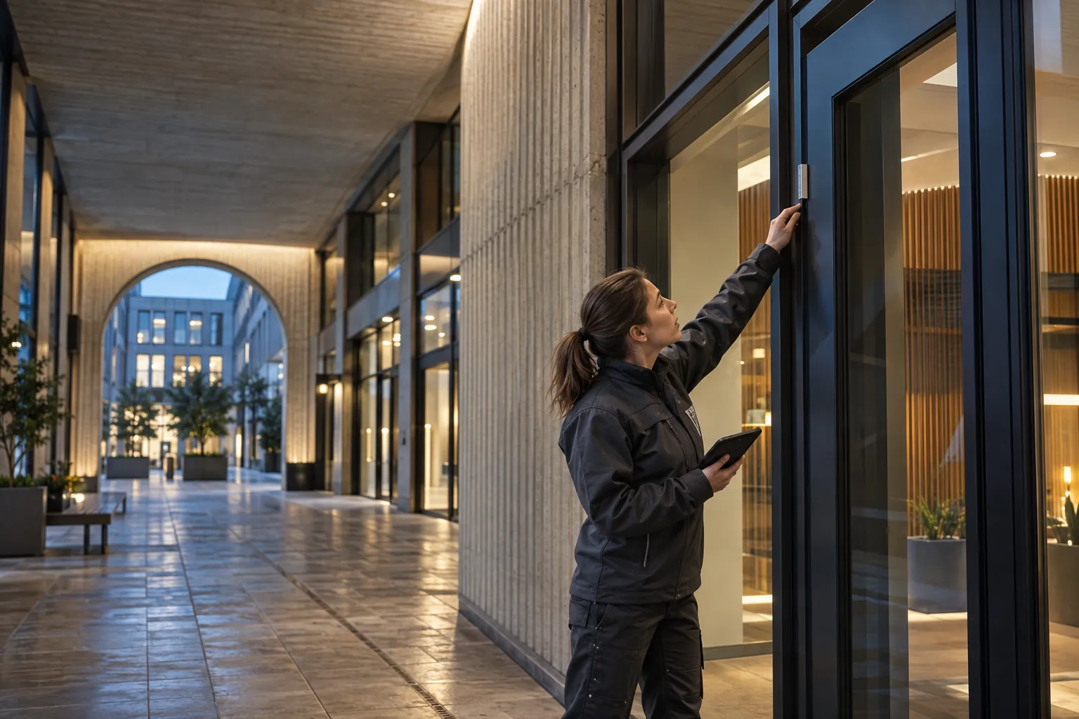 An engineer inspecting a discreet alarm door-contact from ground level in a commercial environment