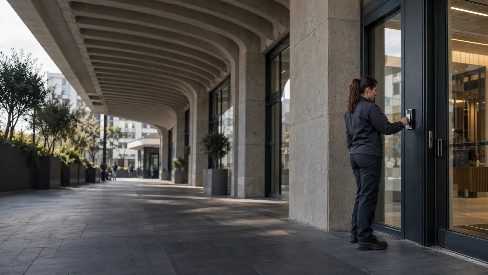 Engineer testing a flush-mounted access reader at a controlled doorway in a urban commercial arcade with ribbed concrete