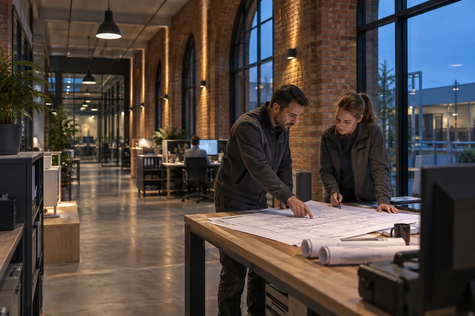 Two engineers reviewing an unlettered technical layout at a workbench in a commercial environment