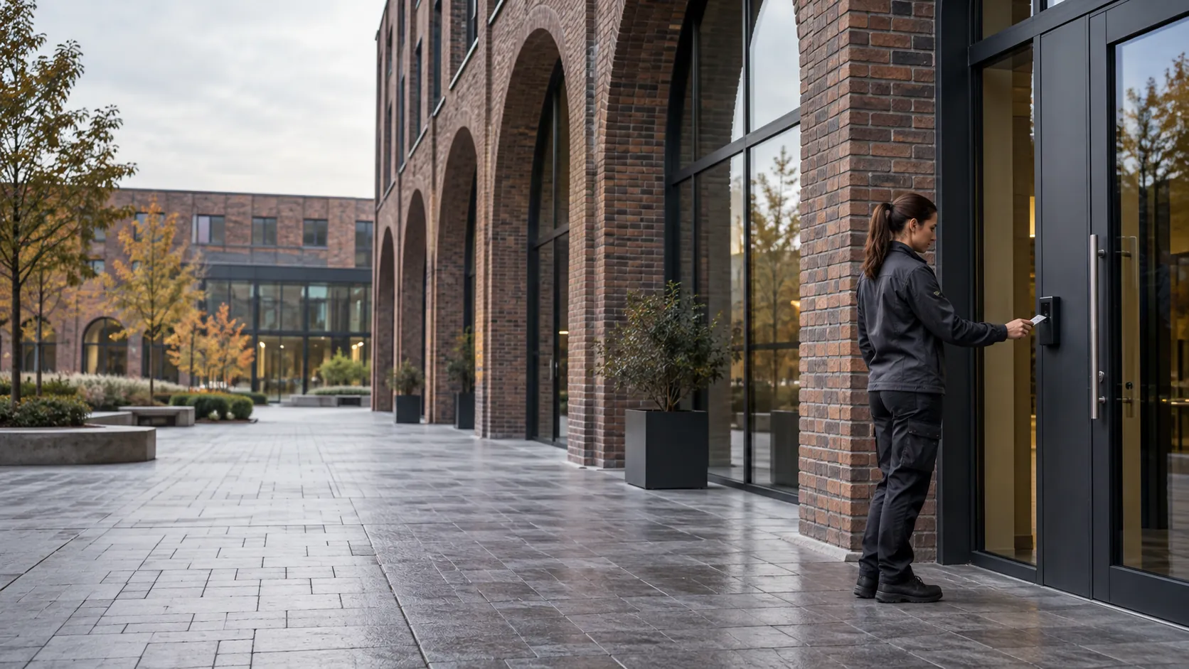 Engineer testing a flush-mounted access reader at a controlled doorway in a modern logistics administration building with deep brick arches