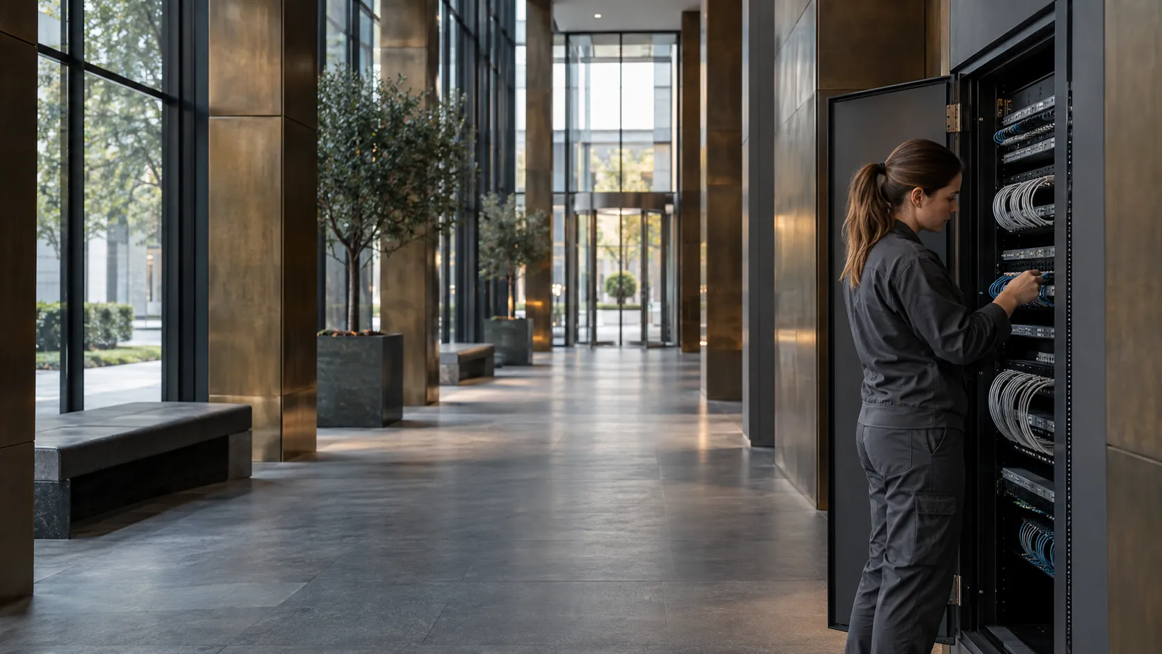 Network technician checking a neatly patched low-voltage communications cabinet in a glass and weathered bronze commercial atrium