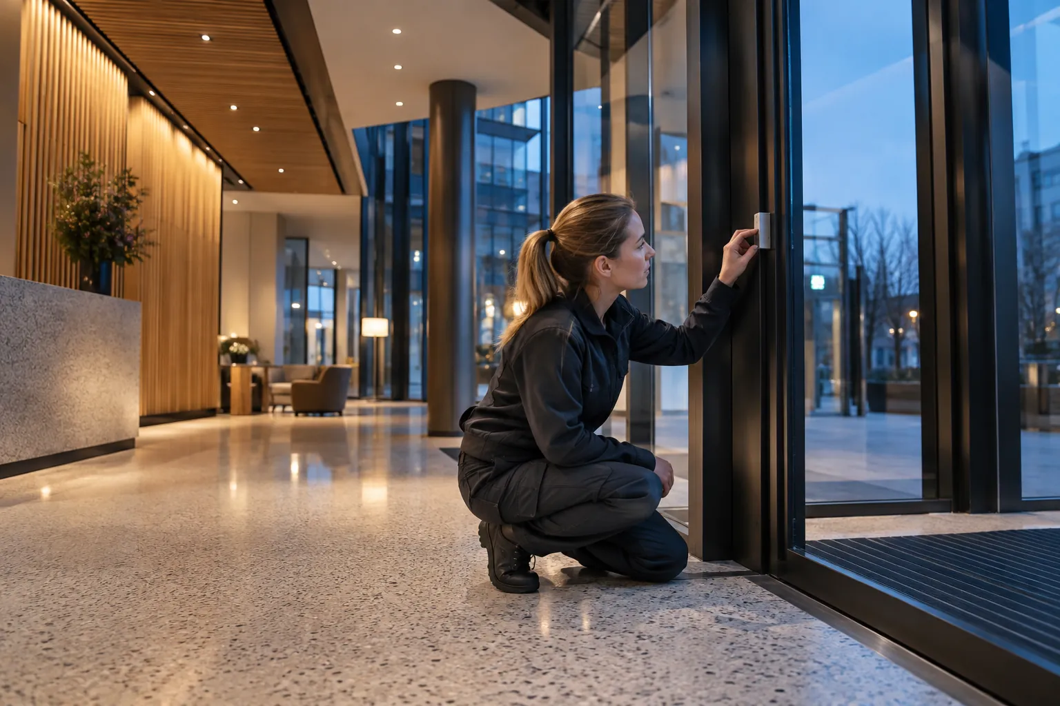 An engineer inspecting a discreet alarm door-contact from ground level in a commercial environment