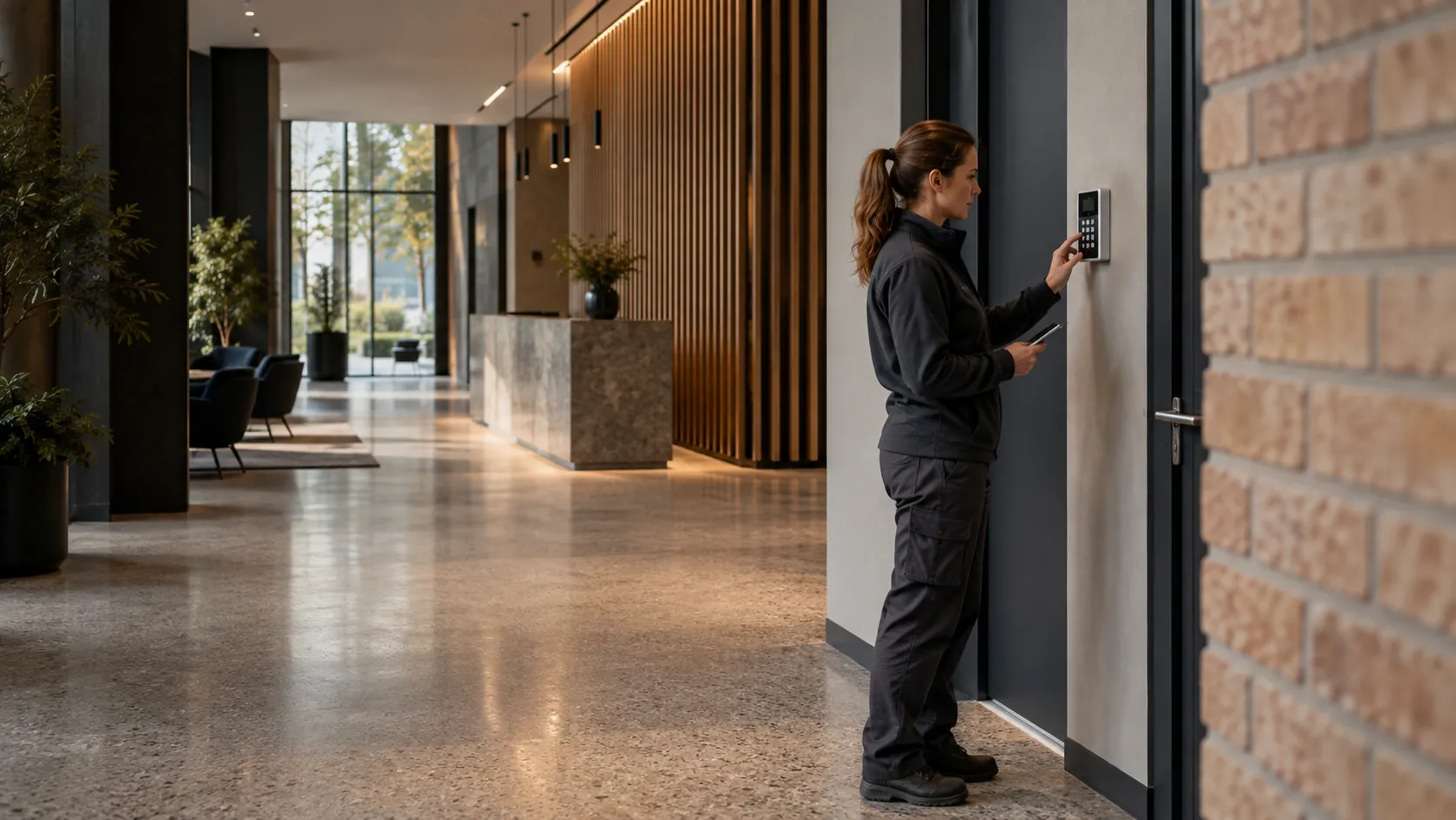 Engineer inspecting an intruder-alarm keypad beside a staff entrance in a commercial lobby with terrazzo and oak fins