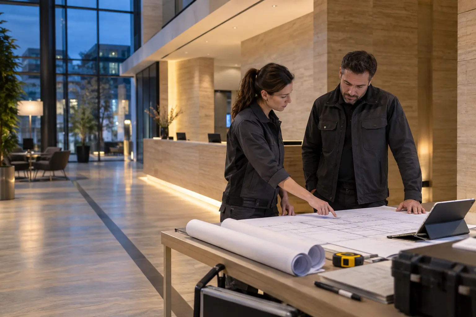 Two engineers reviewing an unlettered technical layout at a workbench in a commercial environment