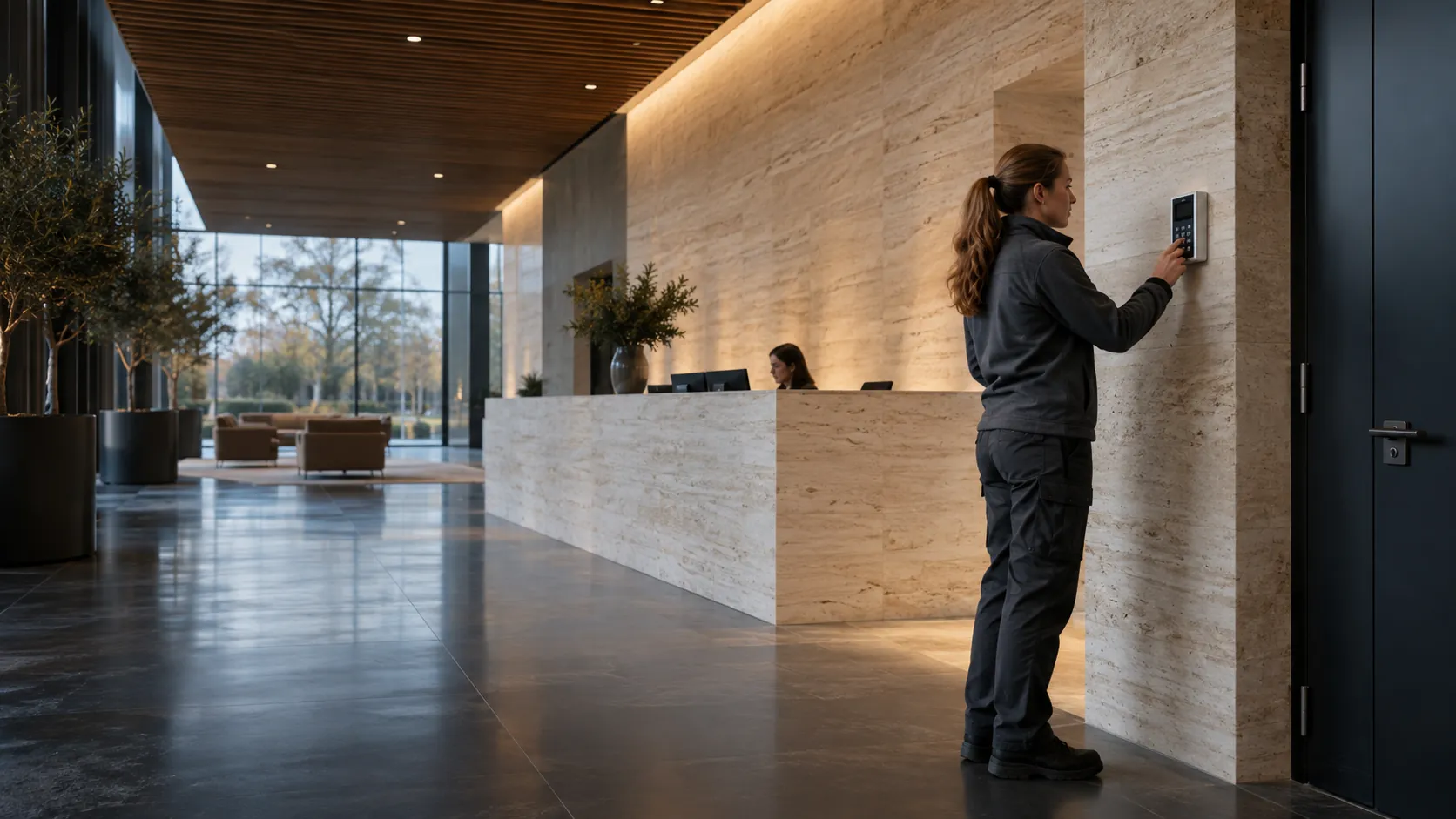 Engineer inspecting an intruder-alarm keypad beside a staff entrance in a unbranded commercial reception with travertine walls