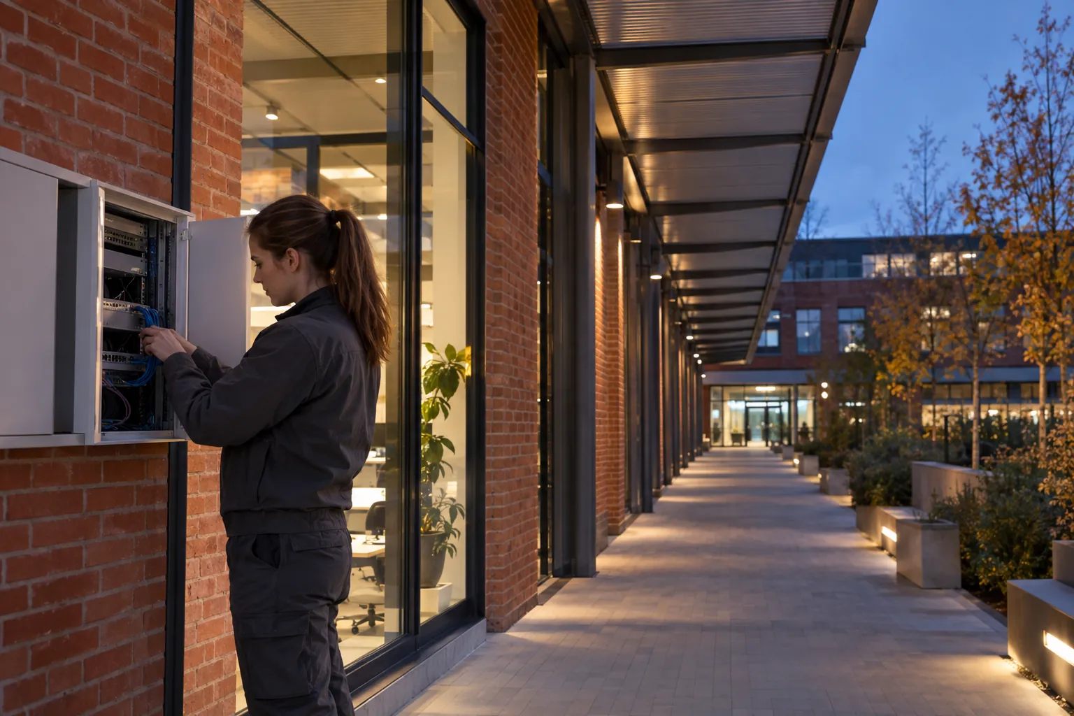 A technician carefully checking a low-voltage network patch connection, natural fingers in a commercial environment