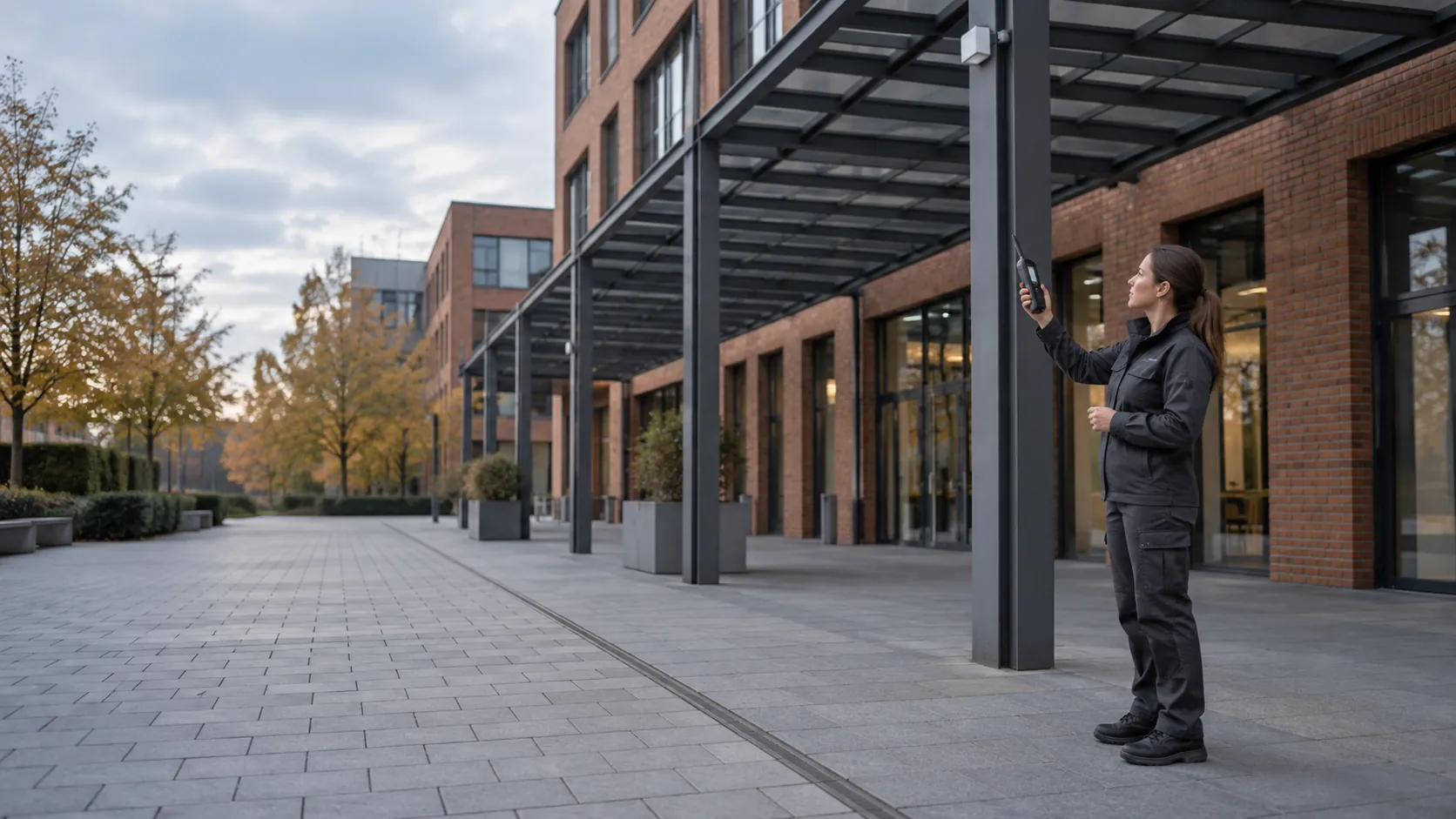 Engineer conducting a wireless survey with a handheld meter in a red-brick business campus with steel canopy