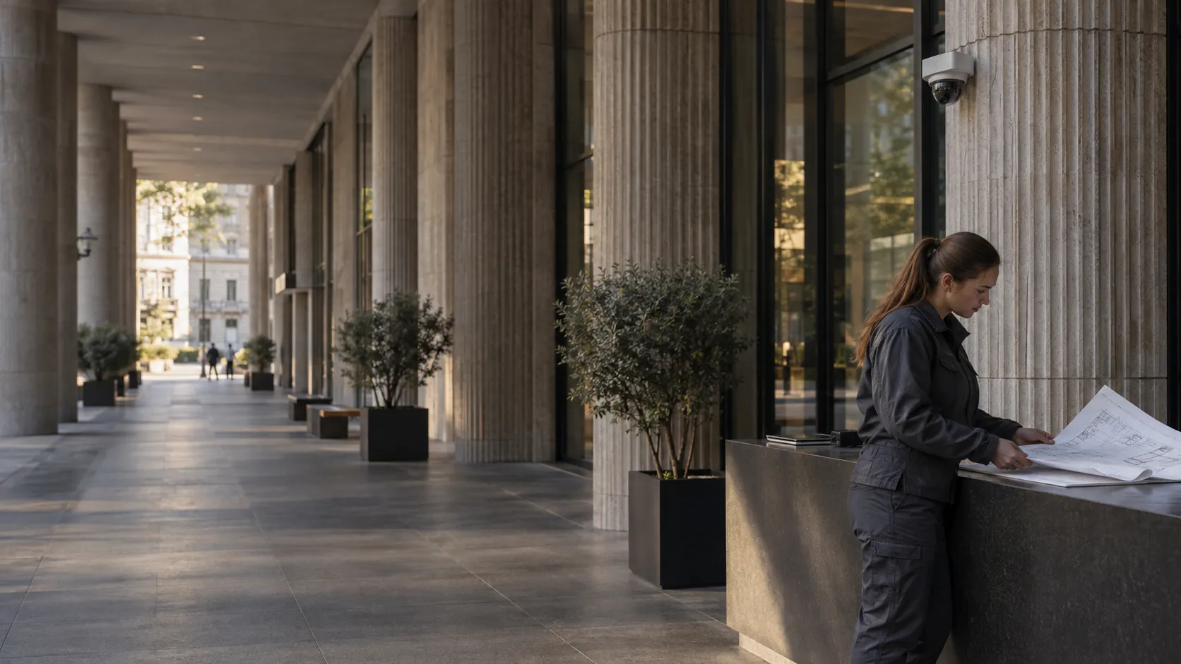 Engineer reviewing a plain floor plan at a facilities desk in a urban commercial arcade with ribbed concrete