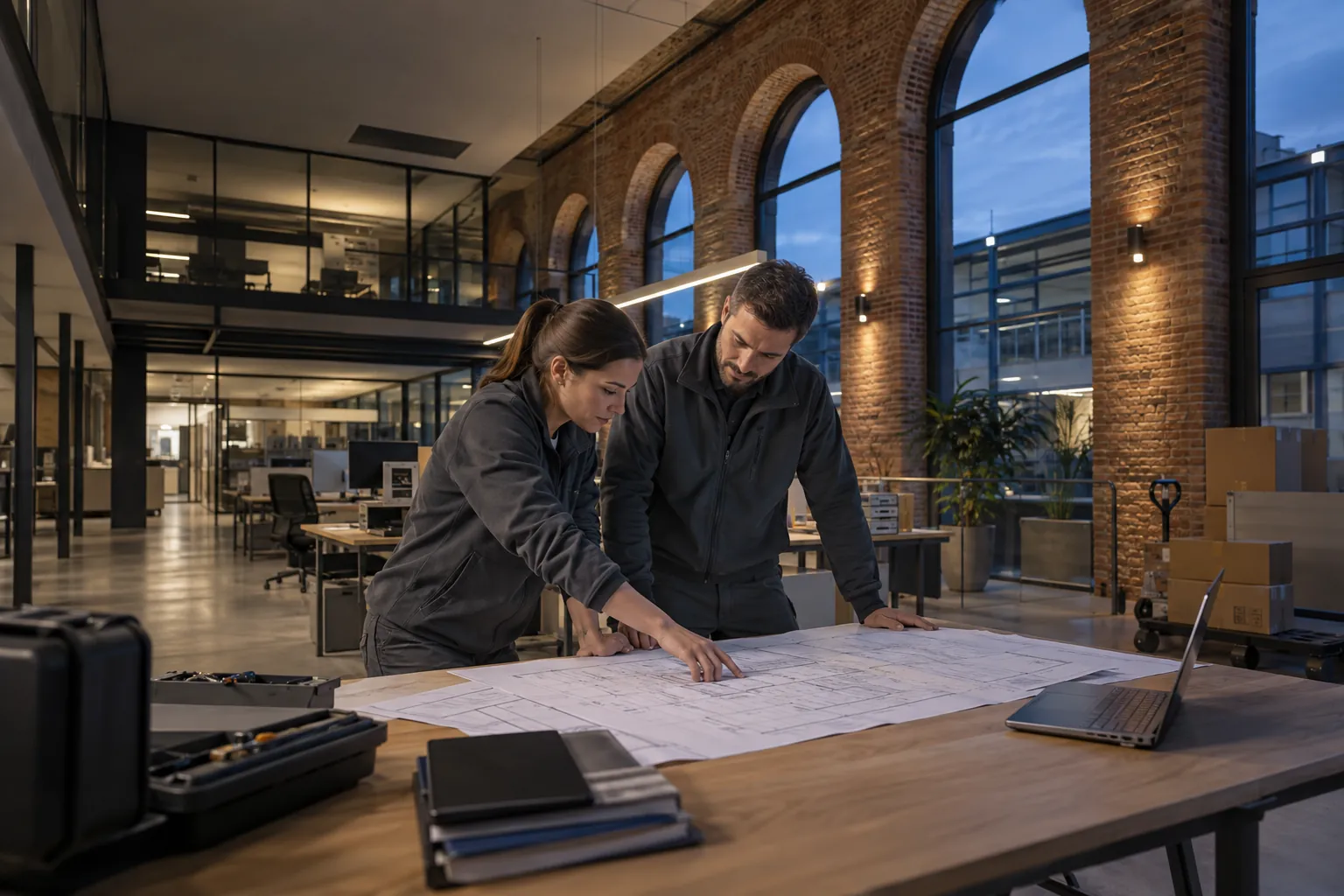 Two engineers reviewing an unlettered technical layout at a workbench in a commercial environment