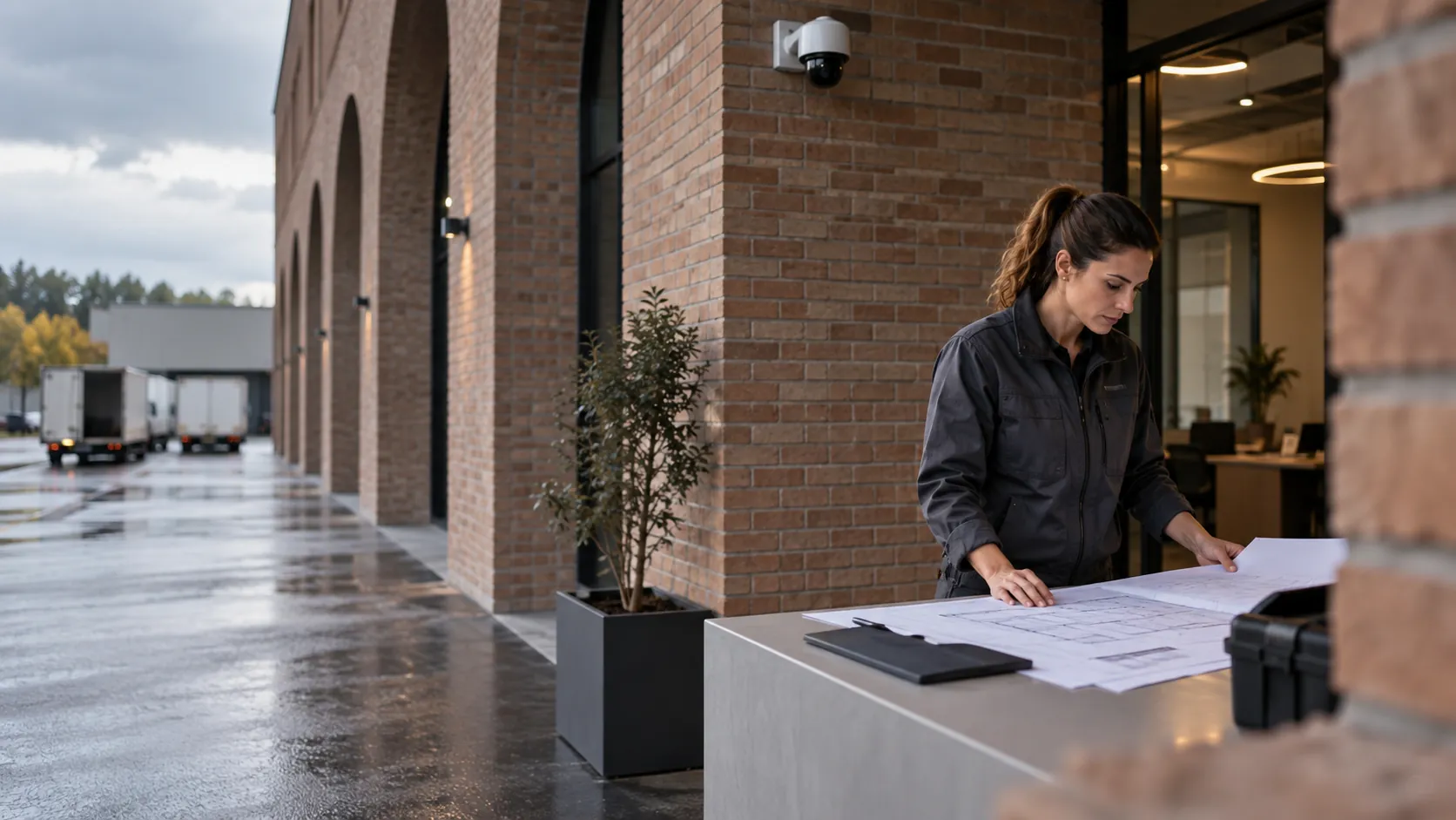 Engineer reviewing a plain floor plan at a facilities desk in a modern logistics administration building with deep brick arches