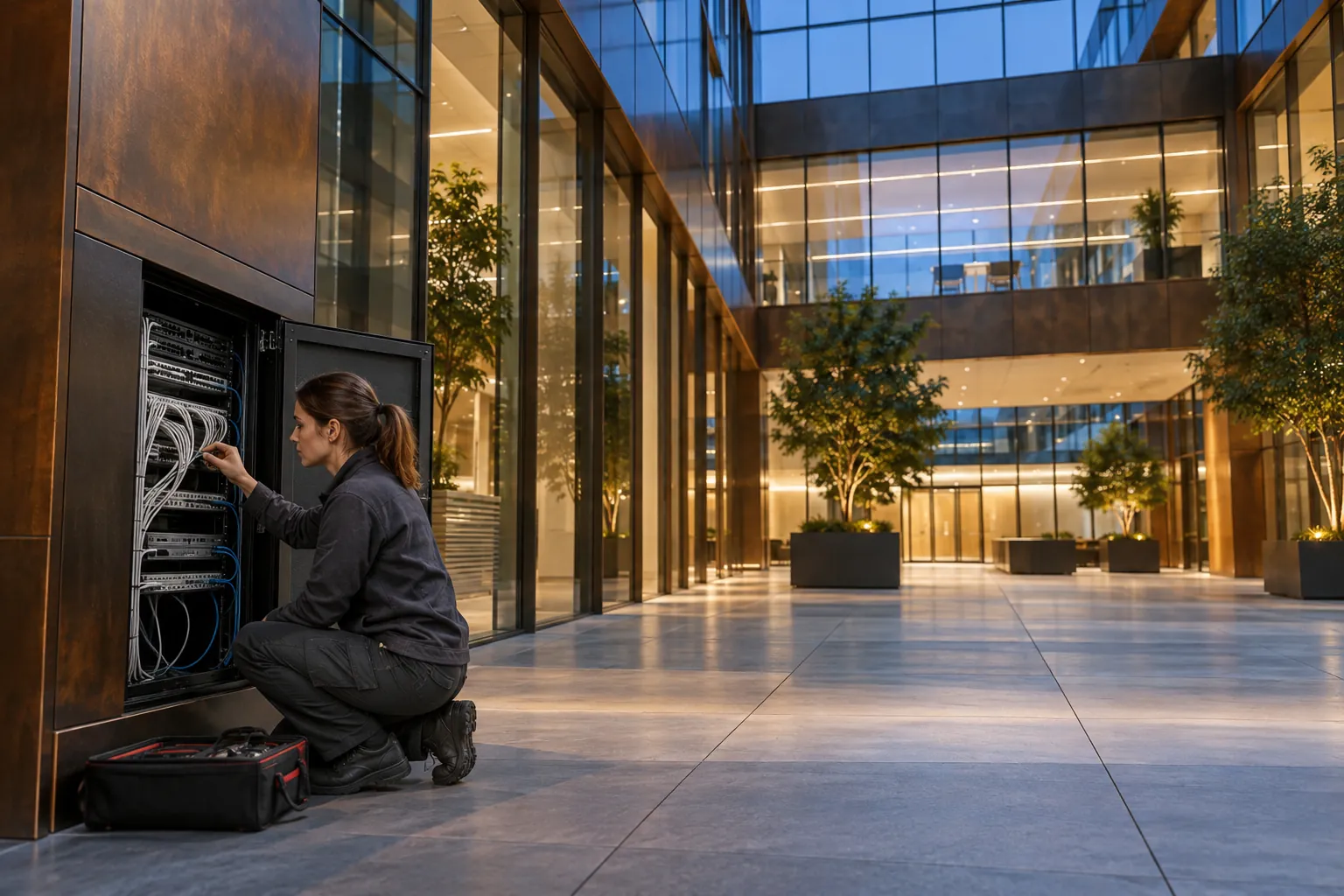 A technician carefully checking a low-voltage network patch connection, natural fingers in a commercial environment