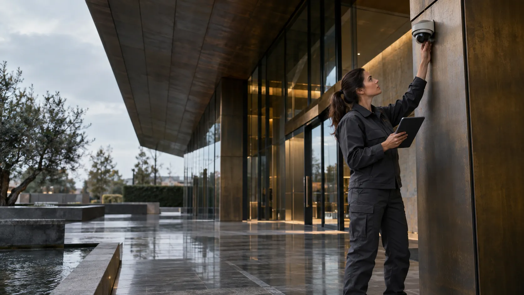 Security engineer checking a correctly mounted dome camera with a tablet in a glass and weathered bronze commercial atrium