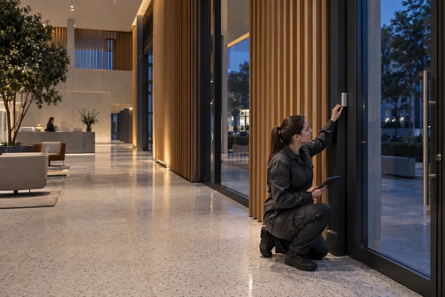 An engineer inspecting a discreet alarm door-contact from ground level in a commercial environment