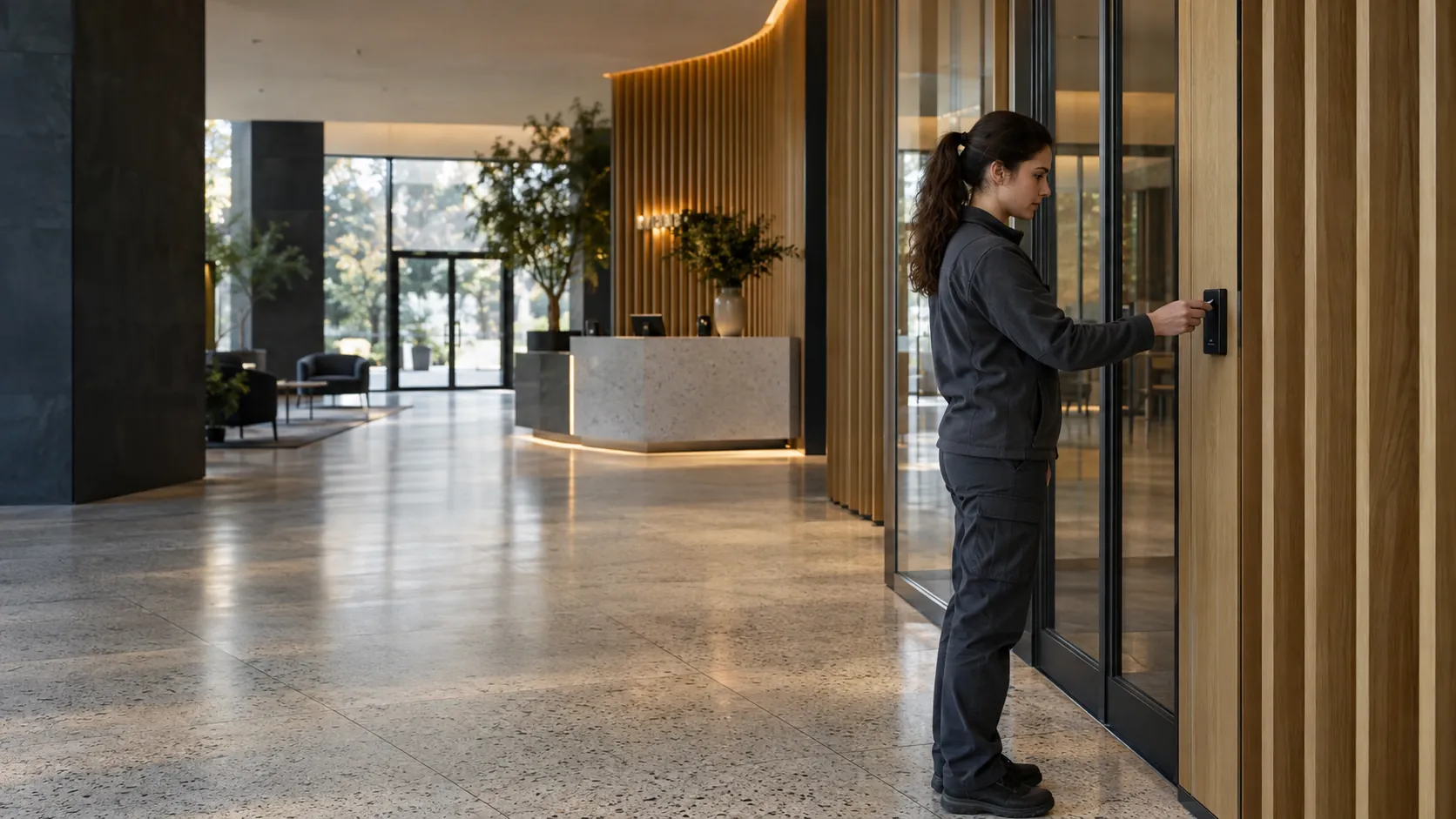 Engineer testing a flush-mounted access reader at a controlled doorway in a commercial lobby with terrazzo and oak fins
