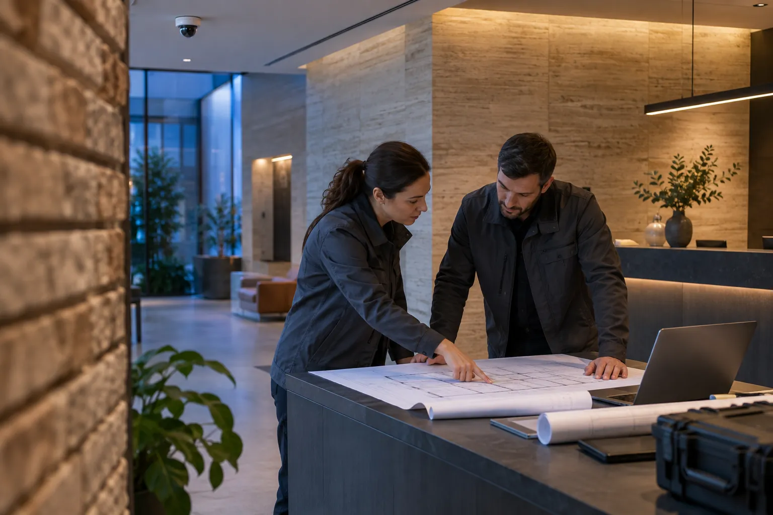 Two engineers reviewing an unlettered technical layout at a workbench in a commercial environment