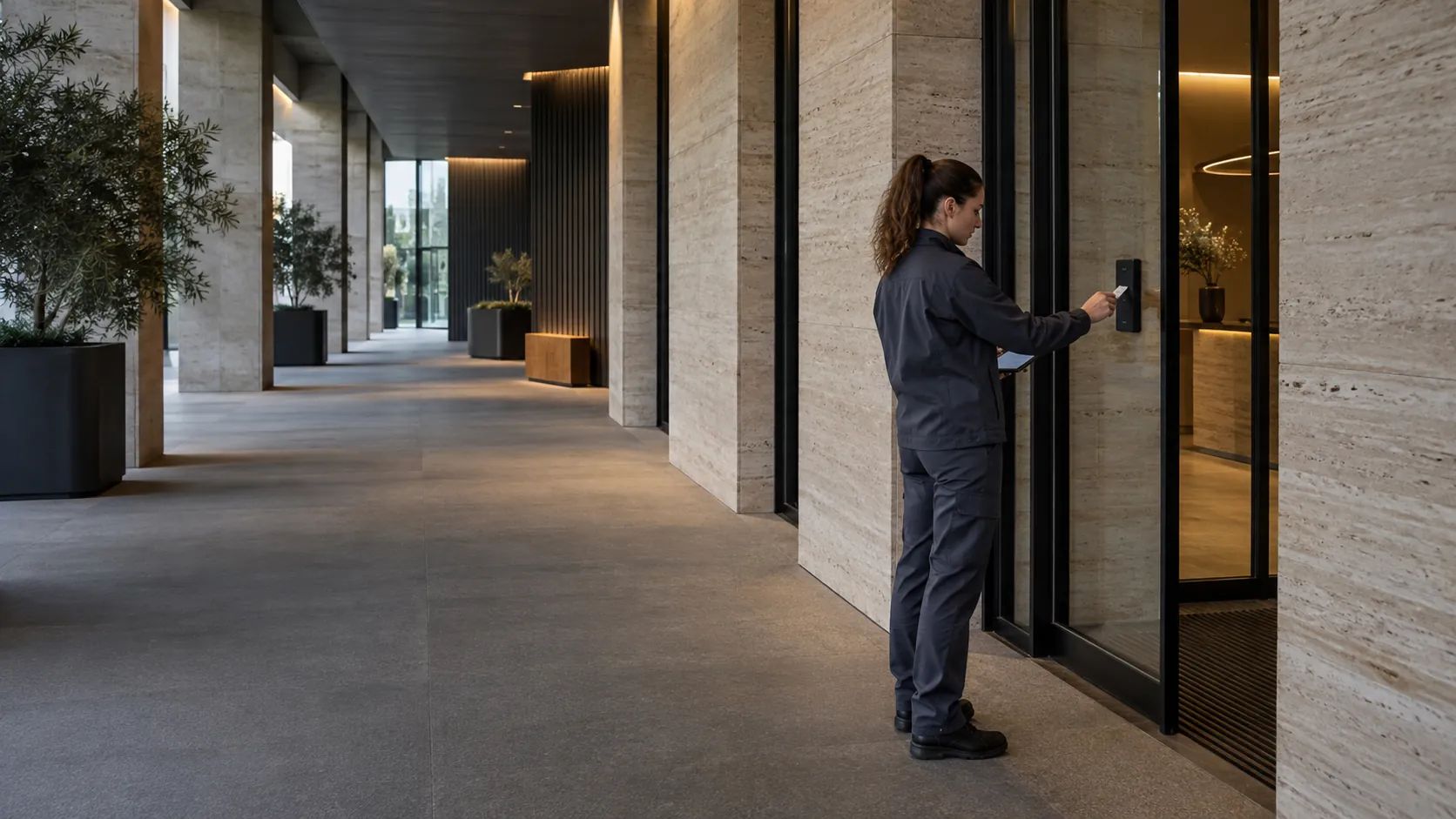 Engineer testing a flush-mounted access reader at a controlled doorway in a unbranded commercial reception with travertine walls