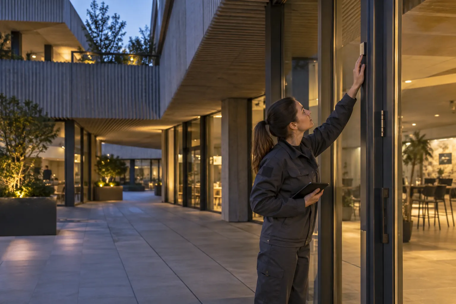 An engineer inspecting a discreet alarm door-contact from ground level in a commercial environment