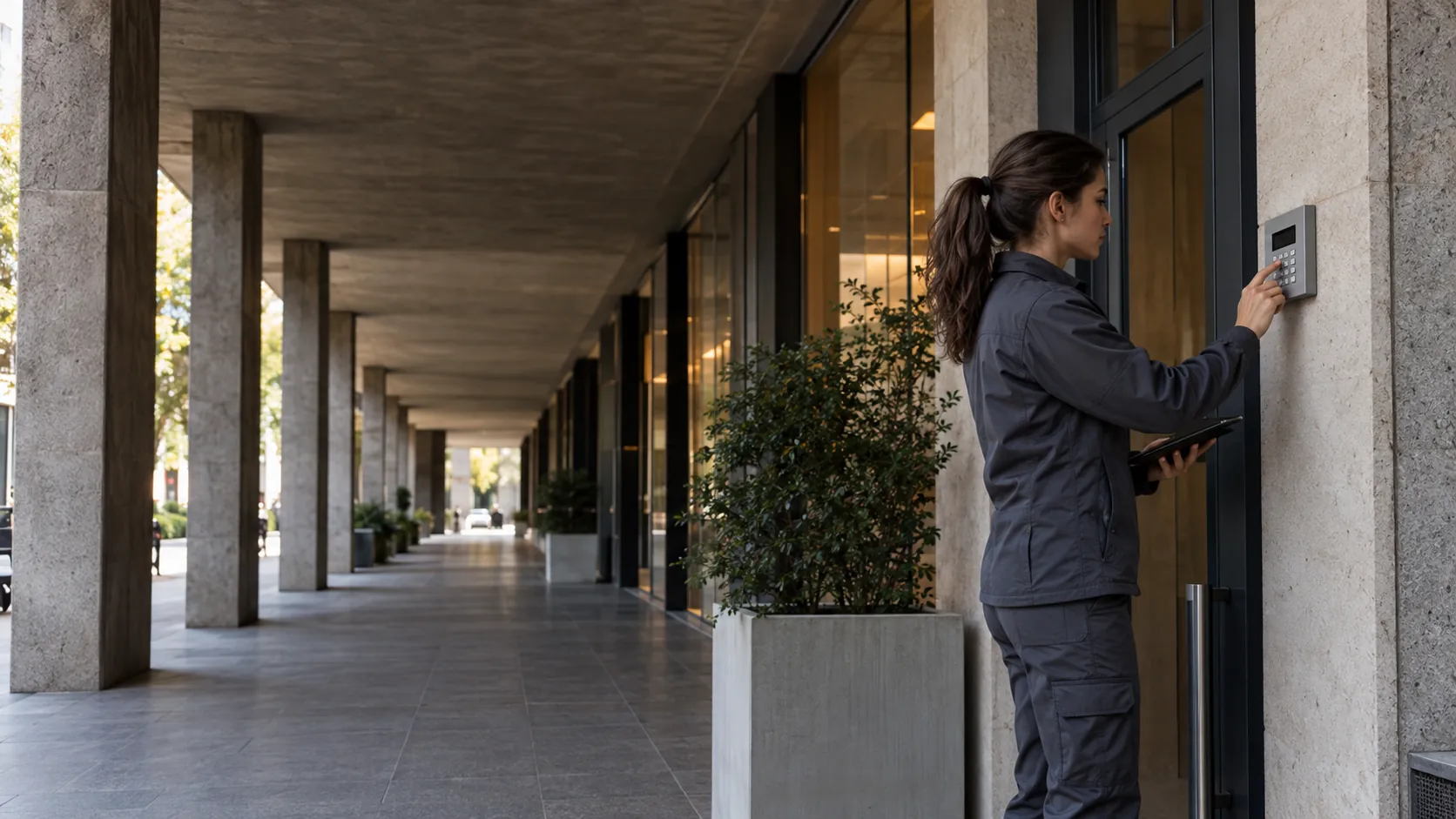 Engineer inspecting an intruder-alarm keypad beside a staff entrance in a urban commercial arcade with ribbed concrete