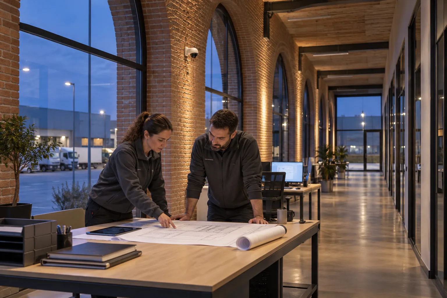 Two engineers reviewing an unlettered technical layout at a workbench in a commercial environment