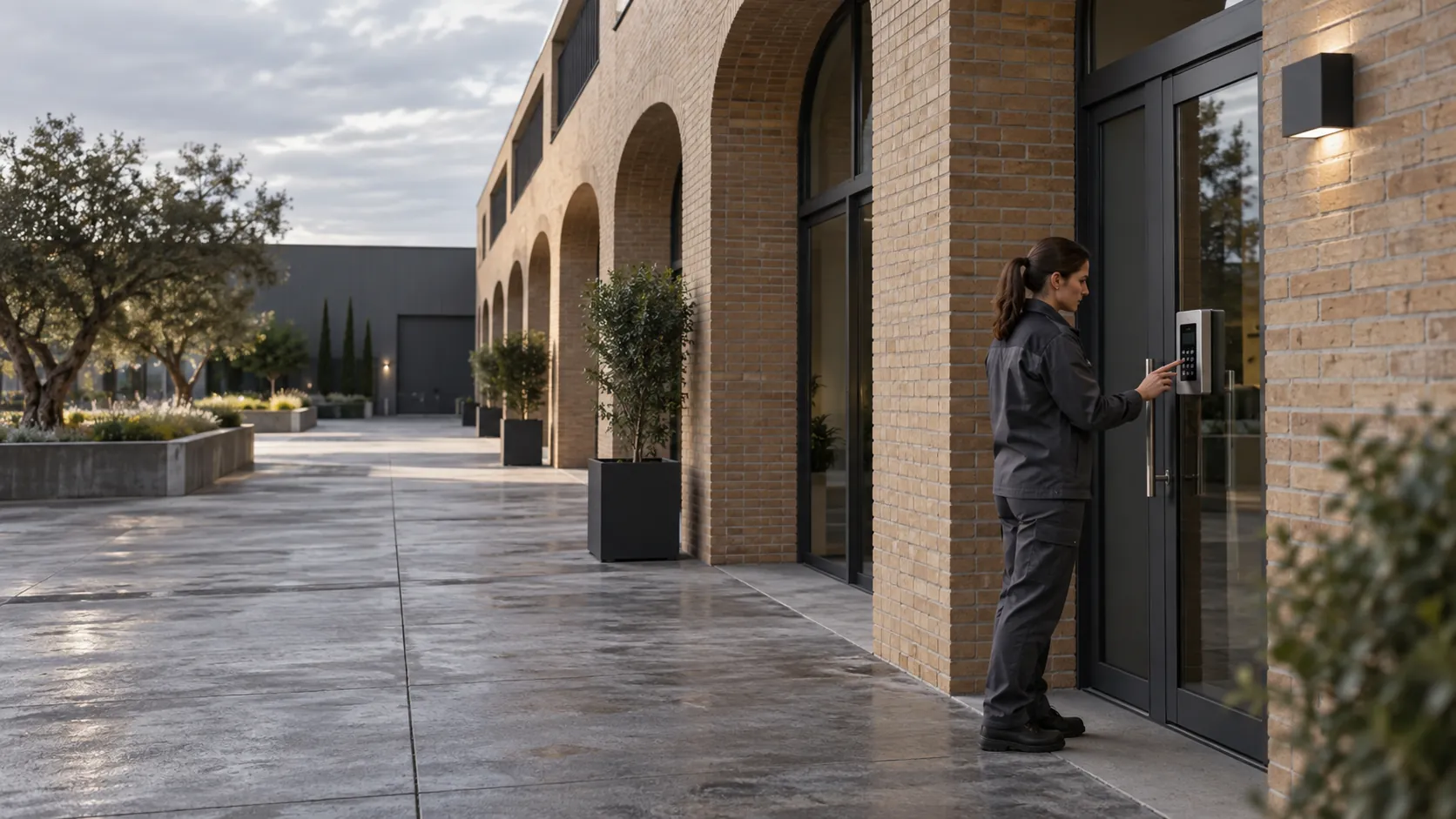 Engineer inspecting an intruder-alarm keypad beside a staff entrance in a modern logistics administration building with deep brick arches